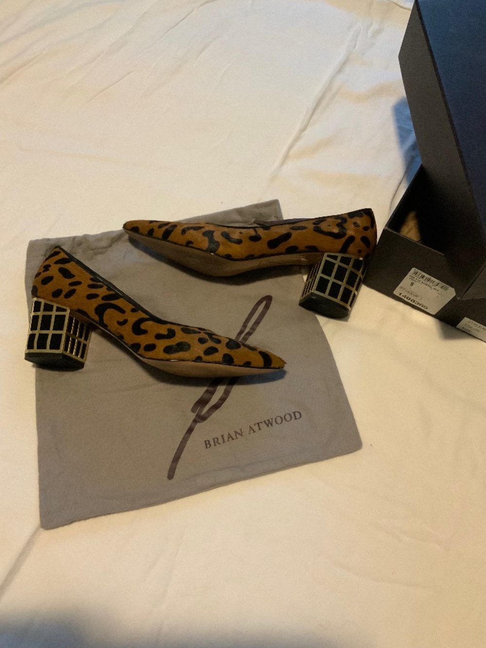 Brian Atwood fur leopard gold block heels size 8